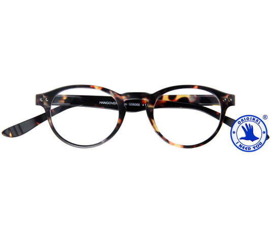 Jigsaw (Tortoiseshell) retro style reading glasses with round lenses and extra long arms for hanging around the neck when not being used. Front view.
