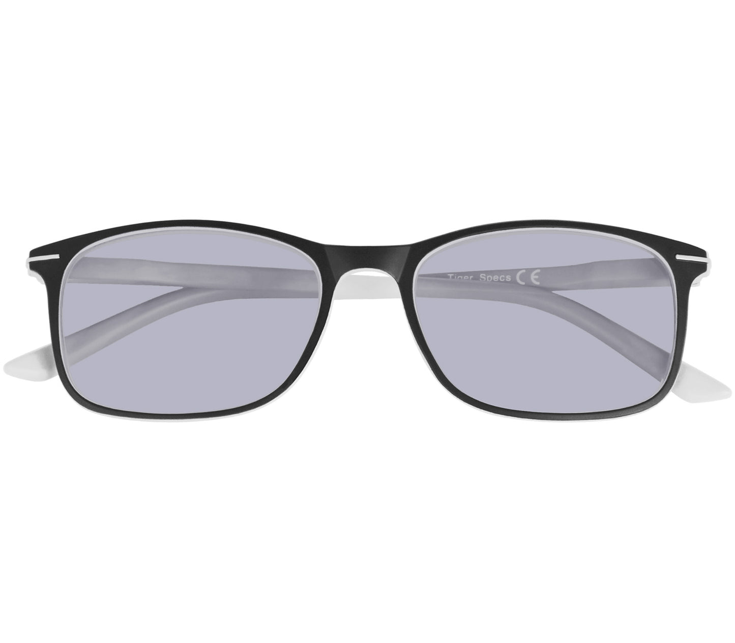 Esprit (White) sunglasses with two tone black and white frames and temples. Classic shaped lenses with a smoke grey tint. Front view.