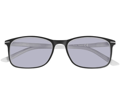 Esprit (White) sunglasses with two tone black and white frames and temples. Classic shaped lenses with a smoke grey tint. Front view.