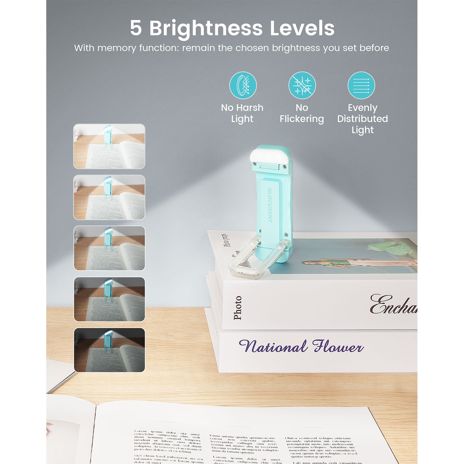 Beam Mini (Blue) mini LED reading light standing on a book demonstrating different levels of brightness.