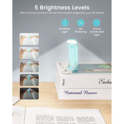 Beam Mini (Blue) mini LED reading light standing on a book demonstrating different levels of brightness.