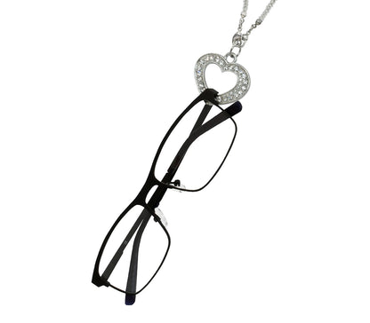 Candy (Silver) heart shaped glasses chain attached to slim black glasses.
