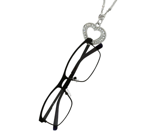 Candy (Silver) heart shaped glasses chain attached to slim black glasses.
