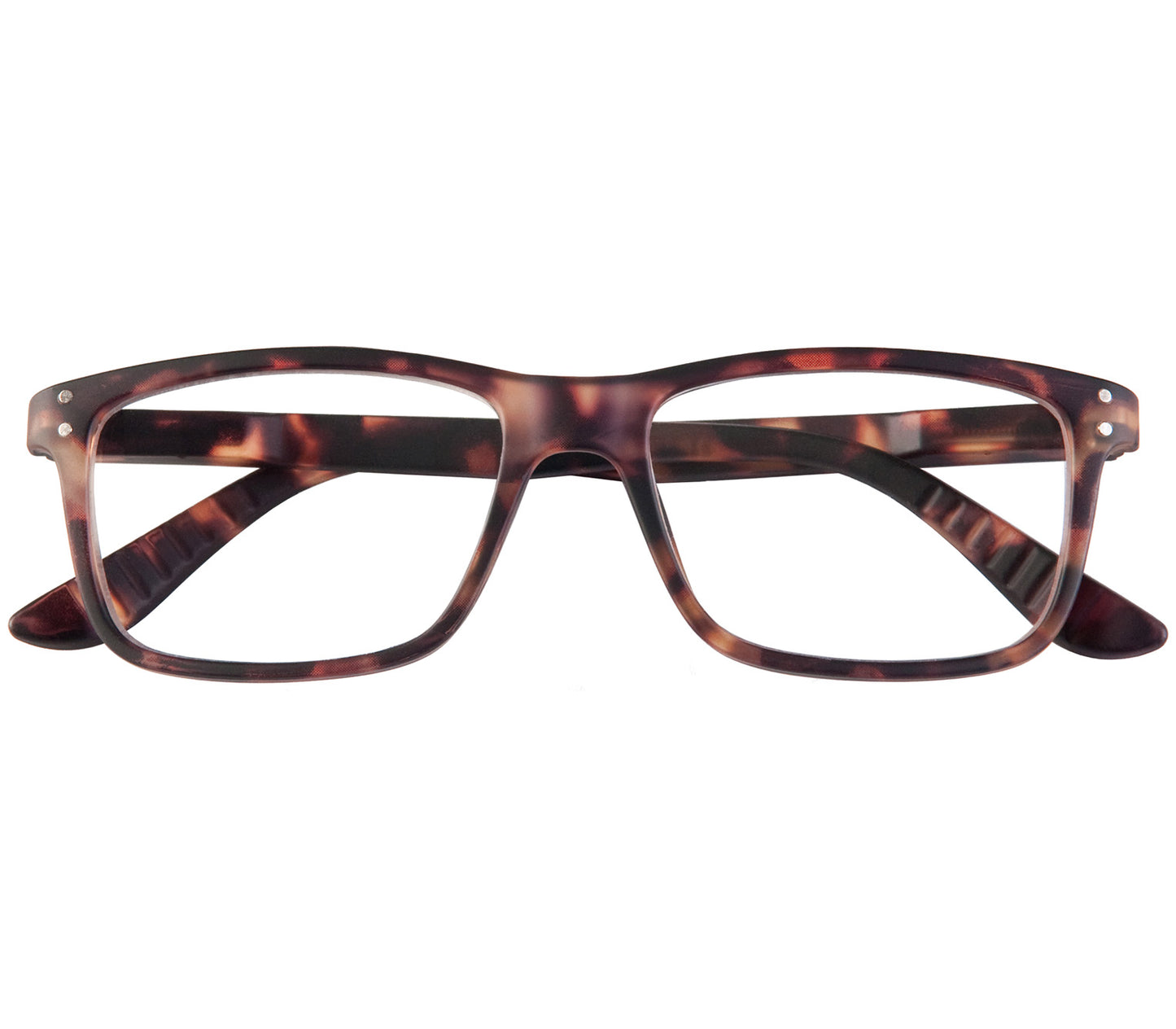 Dexter (Tortoiseshell) classic shape unisex reading glasses with a soft touch matt frame. Front view.