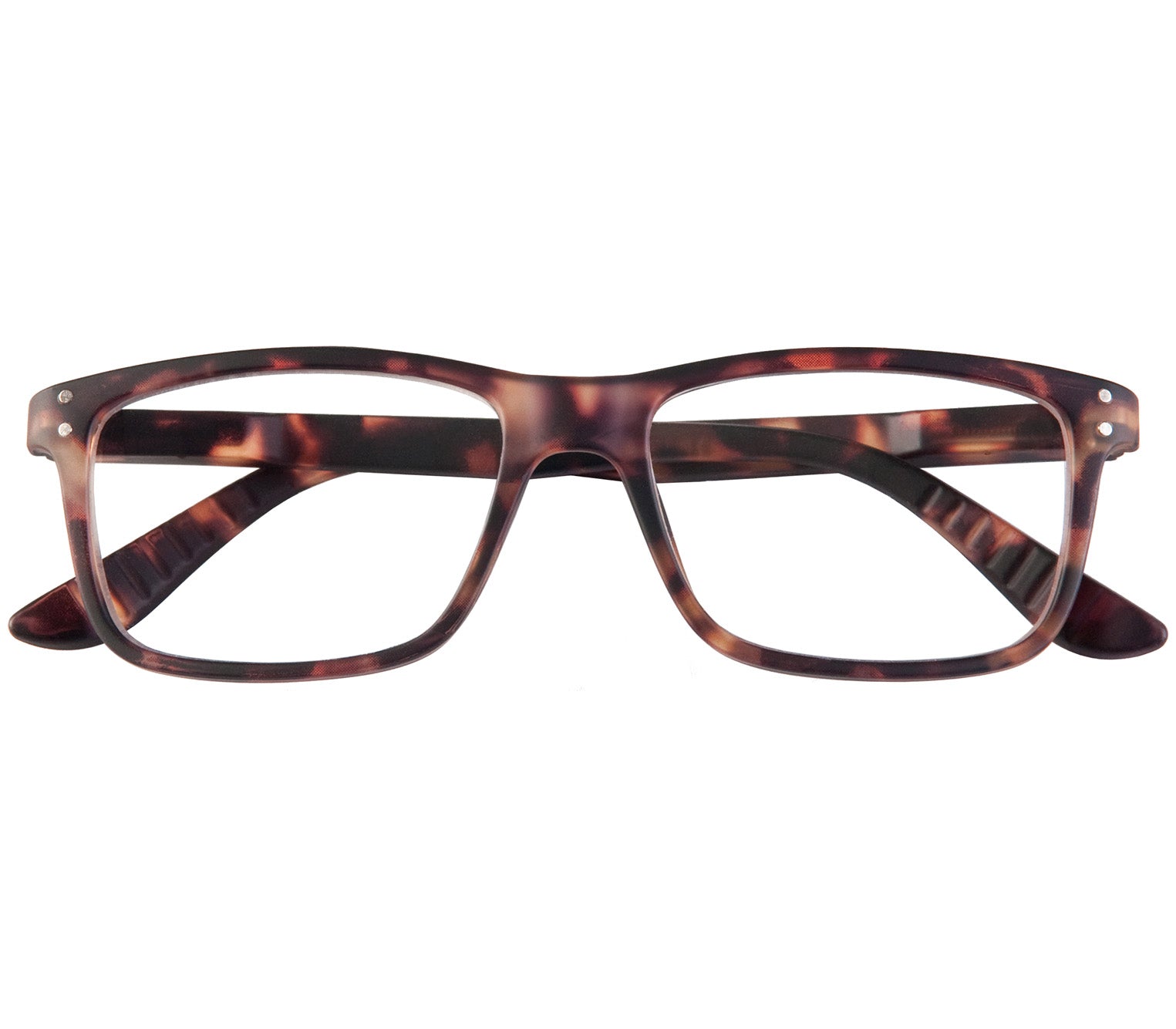 Dexter (Tortoiseshell) classic shape unisex reading glasses with a soft touch matt frame. Front view.