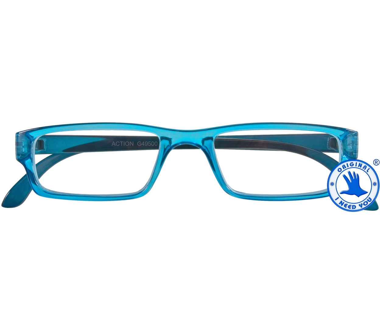 Action (Blue) unisex reading glasses. Classic shaped glasses with a blue translucent finish. Front view.