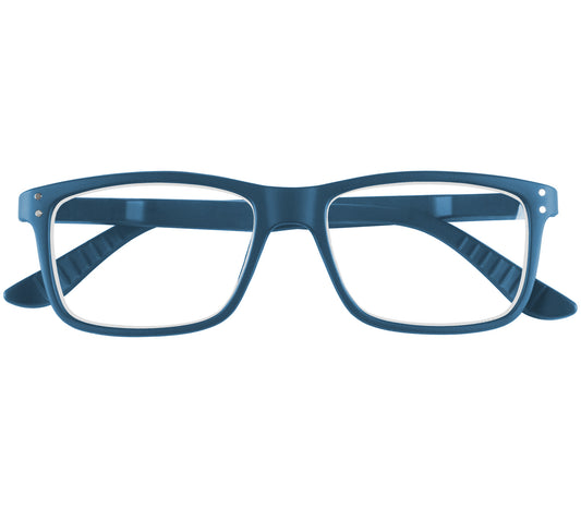 Dexter (Blue) classic shape unisex reading glasses with a soft touch matt blue frame. Front view.