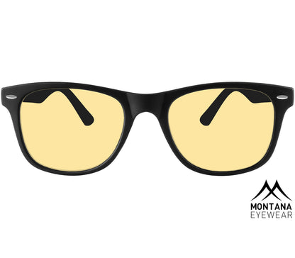 Grid (Black) classic wayfarer shaped night driving glasses with yellow tinted lenses. Front view.
