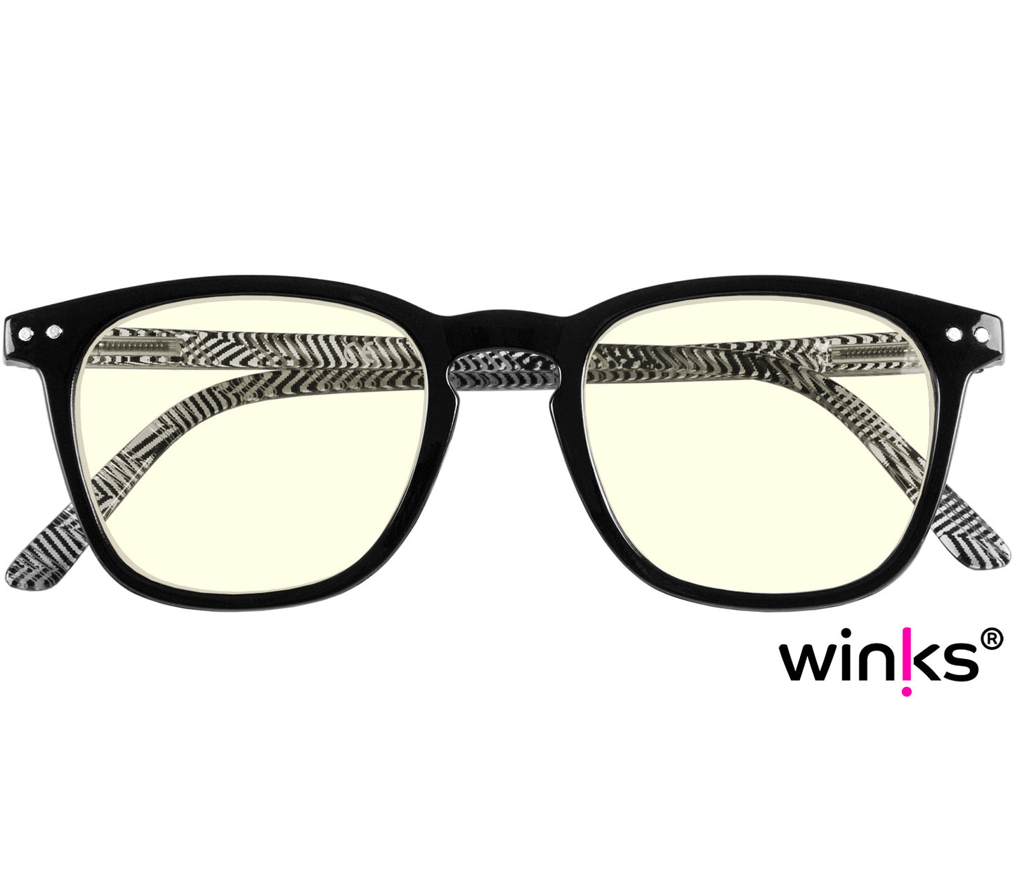 Helix (Black) retro shaped blue light reading glasses with black frames and chevron patterned arms. Front view.