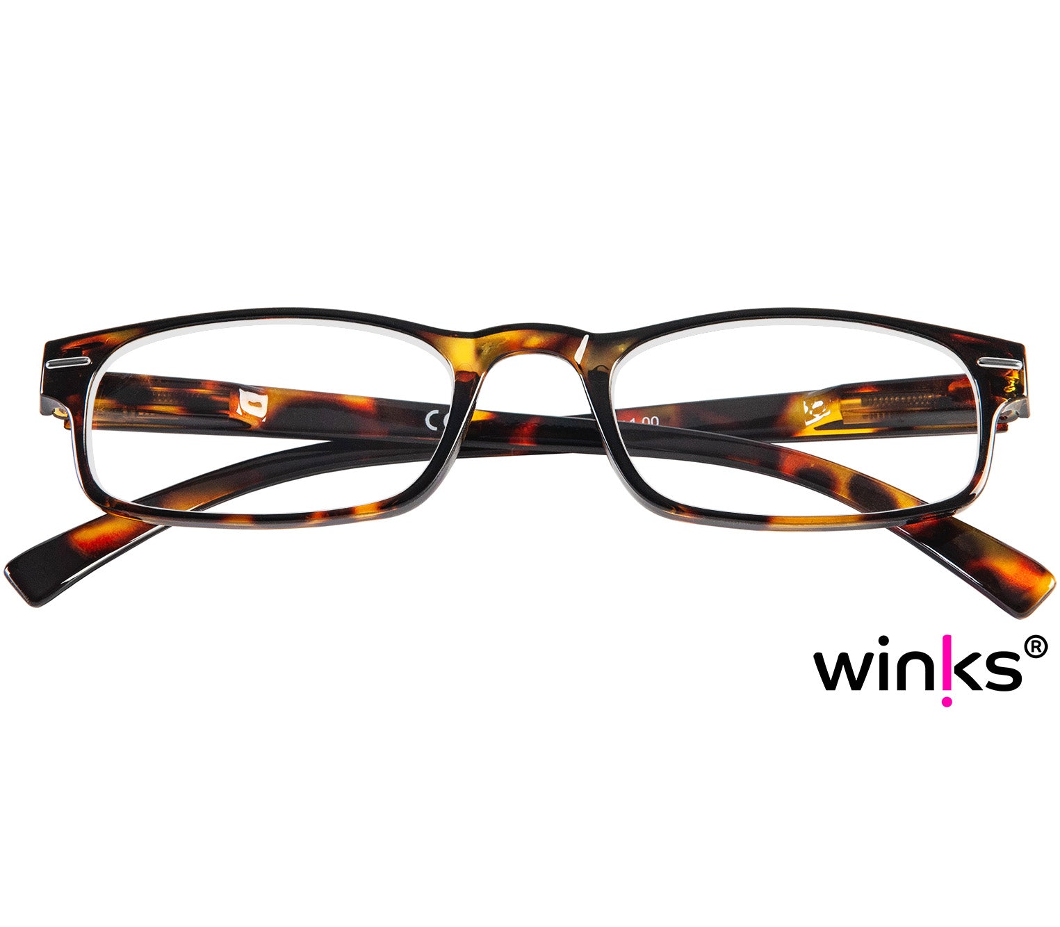 London (Tortoiseshell) classic rectangular and slim unisex reading glasses in a deep, glossy tortoiseshell finish. Front view.