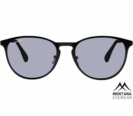 St Lucia (Black) retro sunglasses with a slender black frame and smoke grey, polarised lenses. Front view.