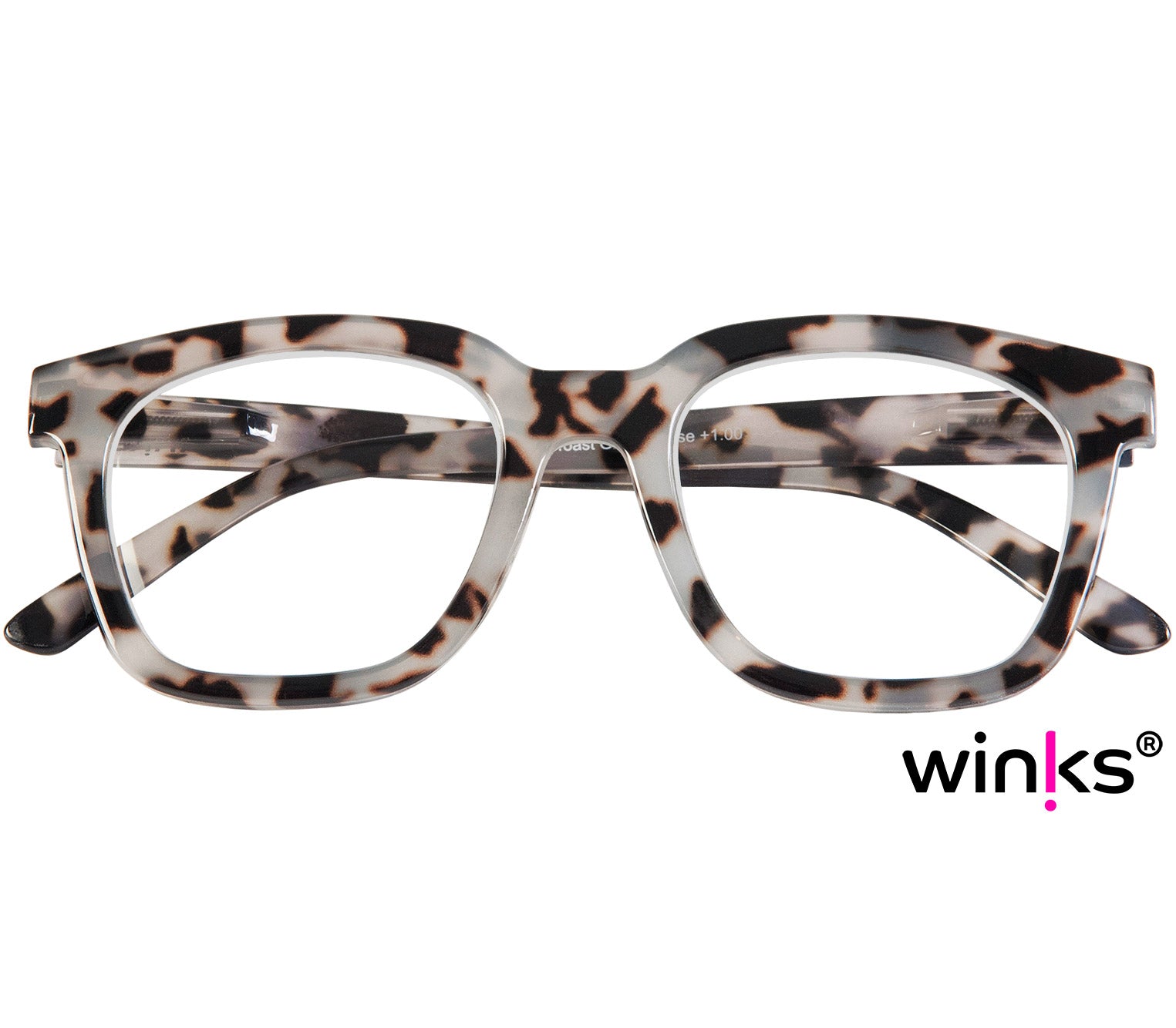 Toast (Grey Tortoise) retro grey tortoiseshell reading glasses with large, oversized lenses and slender temples. Front view.