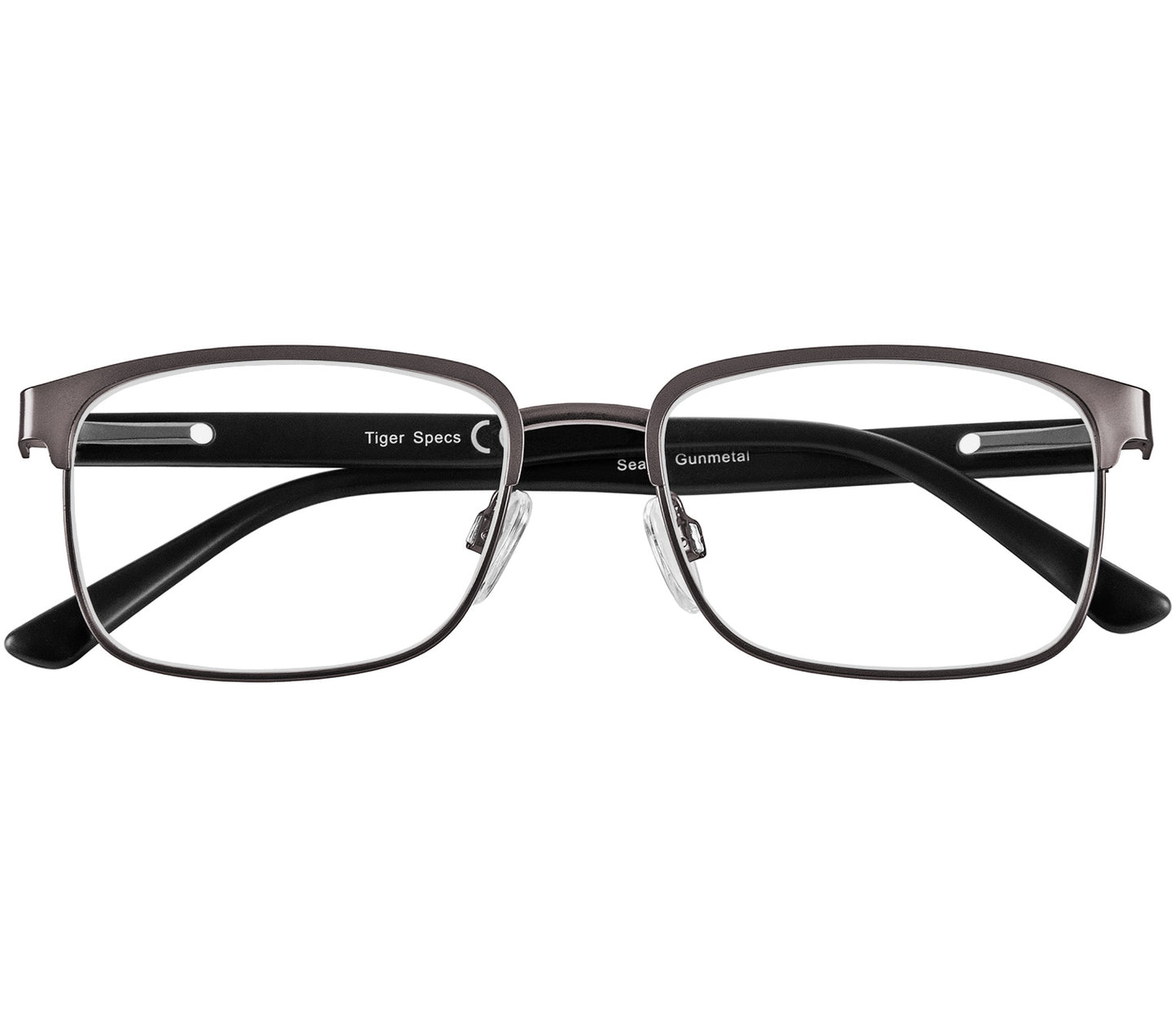 Seattle (Gunmetal) polished gunmetal reading glasses with large rectangular lenses and adjustable nose pads. Front view.