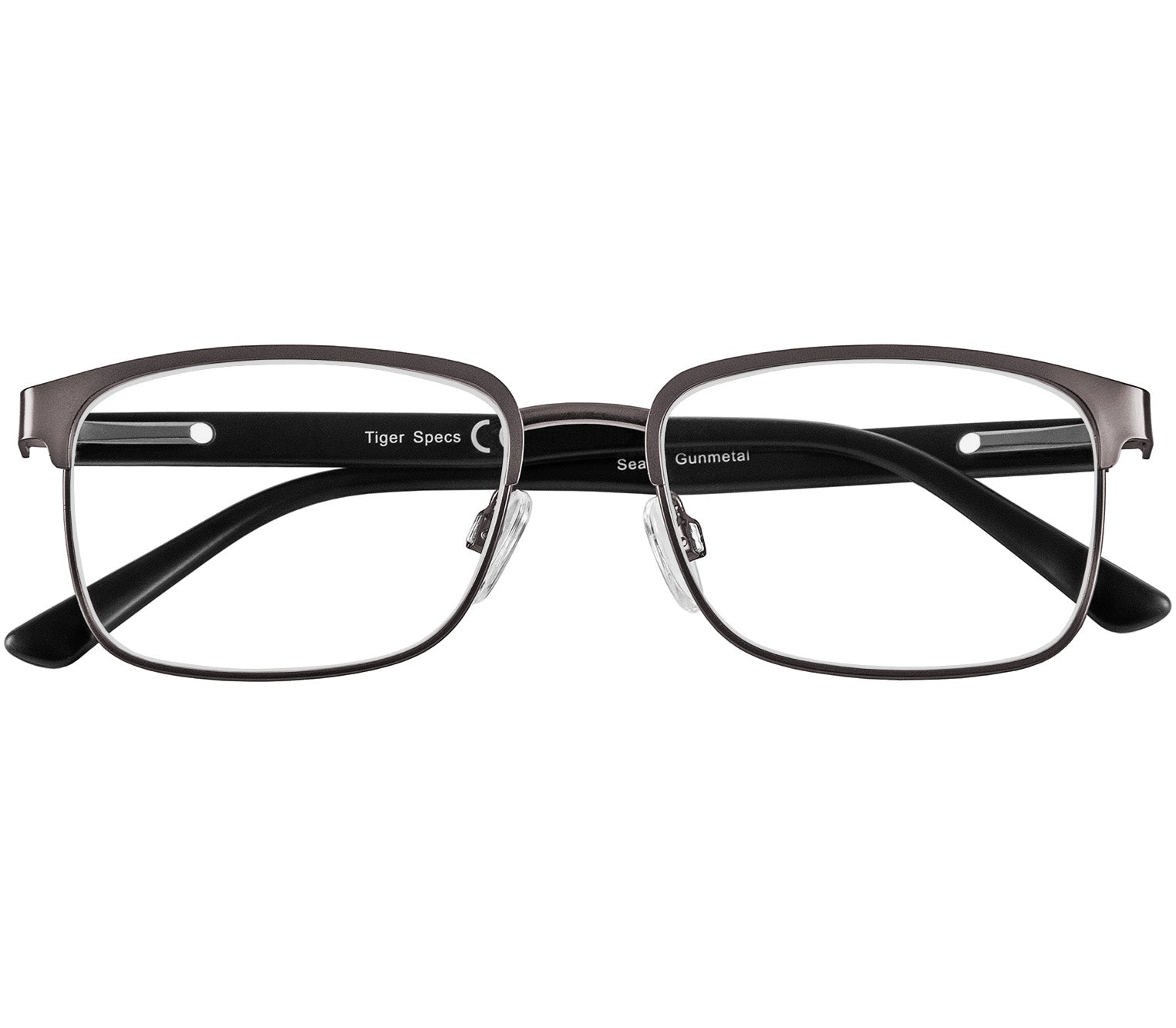 Seattle (Gunmetal) polished gunmetal reading glasses with large rectangular lenses and adjustable nose pads. Front view.