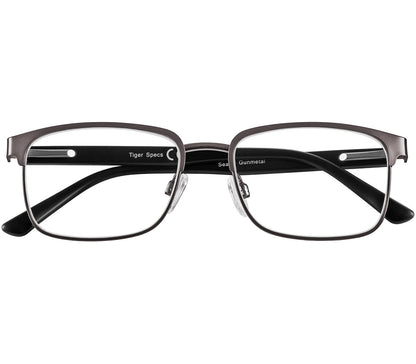 Seattle (Gunmetal) polished gunmetal reading glasses with large rectangular lenses and adjustable nose pads. Front view.
