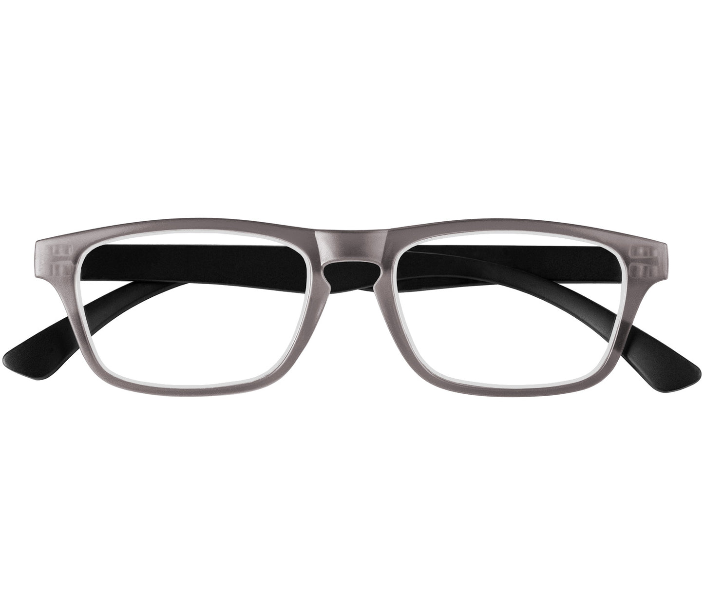 Metro (Grey) classic unisex reading glasses with oval lenses in a two tone grey and black frame. Front view.