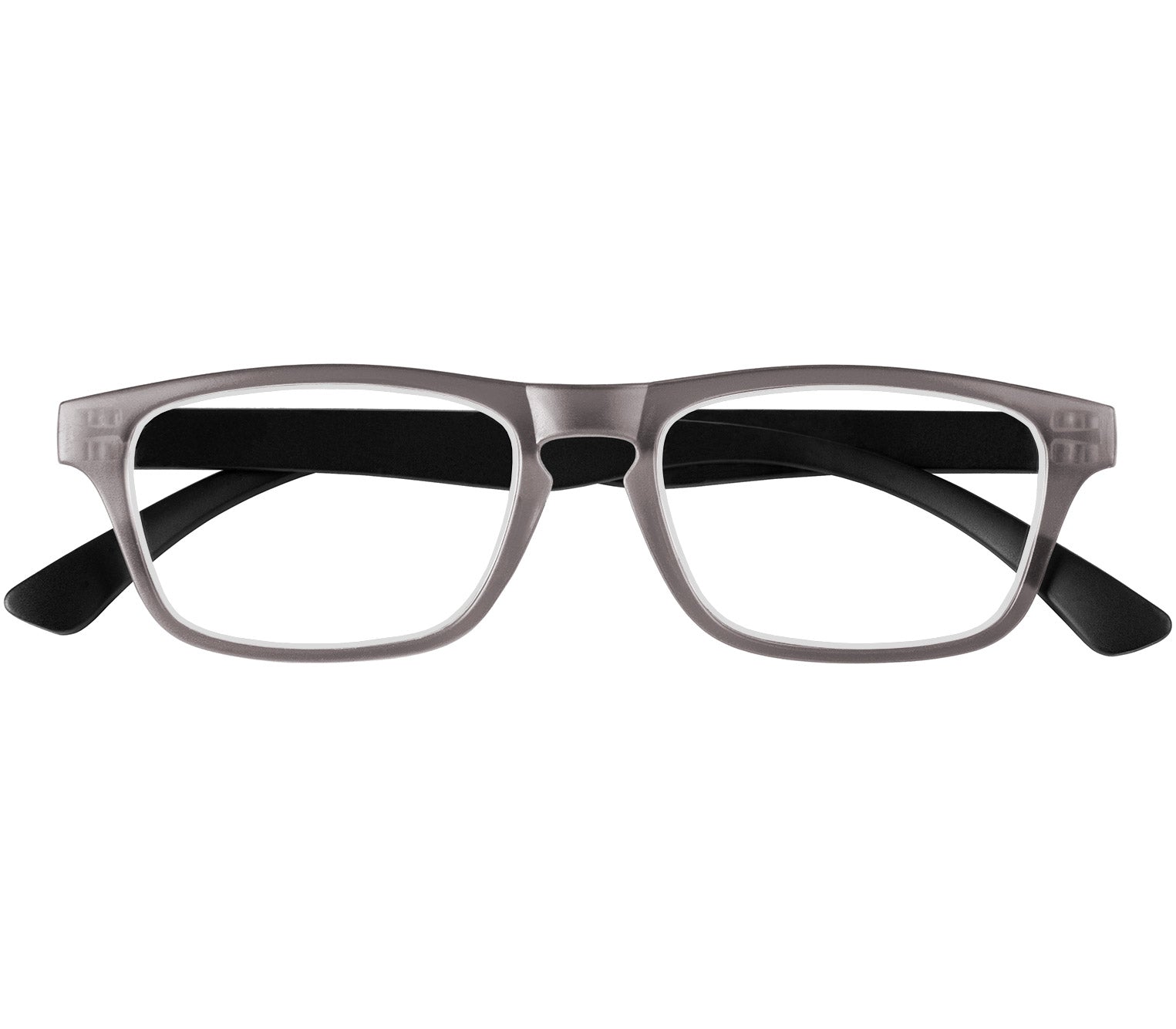 Metro (Grey) classic unisex reading glasses with oval lenses in a two tone grey and black frame. Front view.