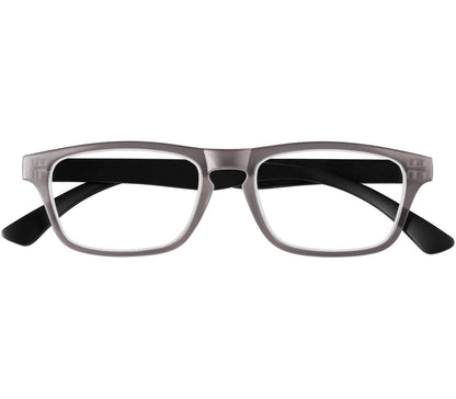 Metro (Grey) classic unisex reading glasses with oval lenses in a two tone grey and black frame. Front view.