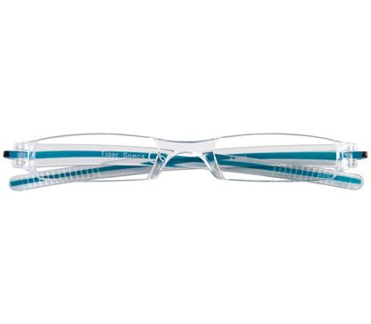 Soda (Blue) sleek, compact and ultra lightweight reading glasses with clear frames and blue detailed temples. Front view.