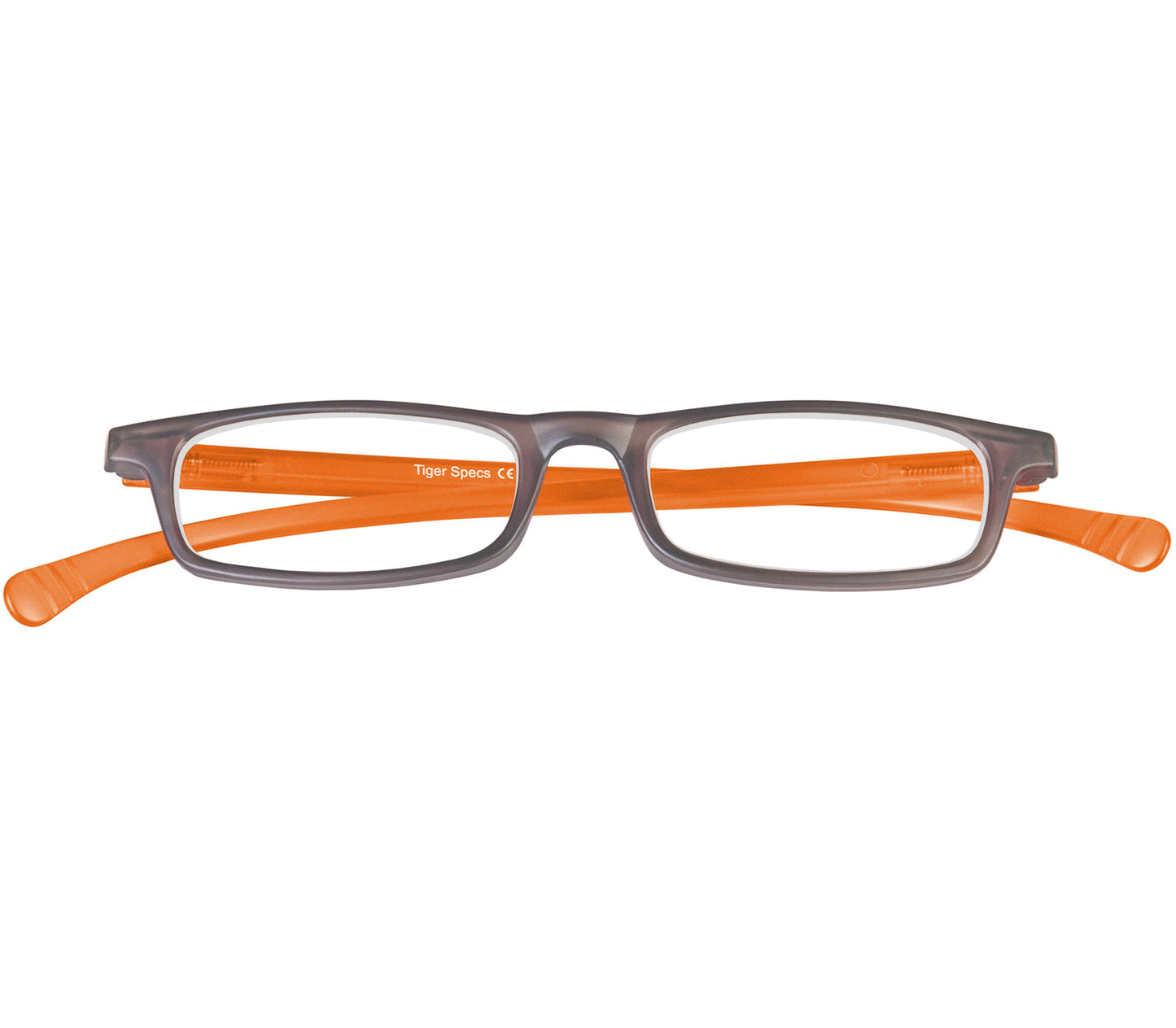 Jam (Orange) slender, rectangular unisex reading glasses with extra long arms to hang around your neck when not in use. Front view.
