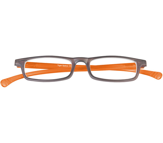 Jam (Orange) slender, rectangular unisex reading glasses with extra long arms to hang around your neck when not in use. Front view.
