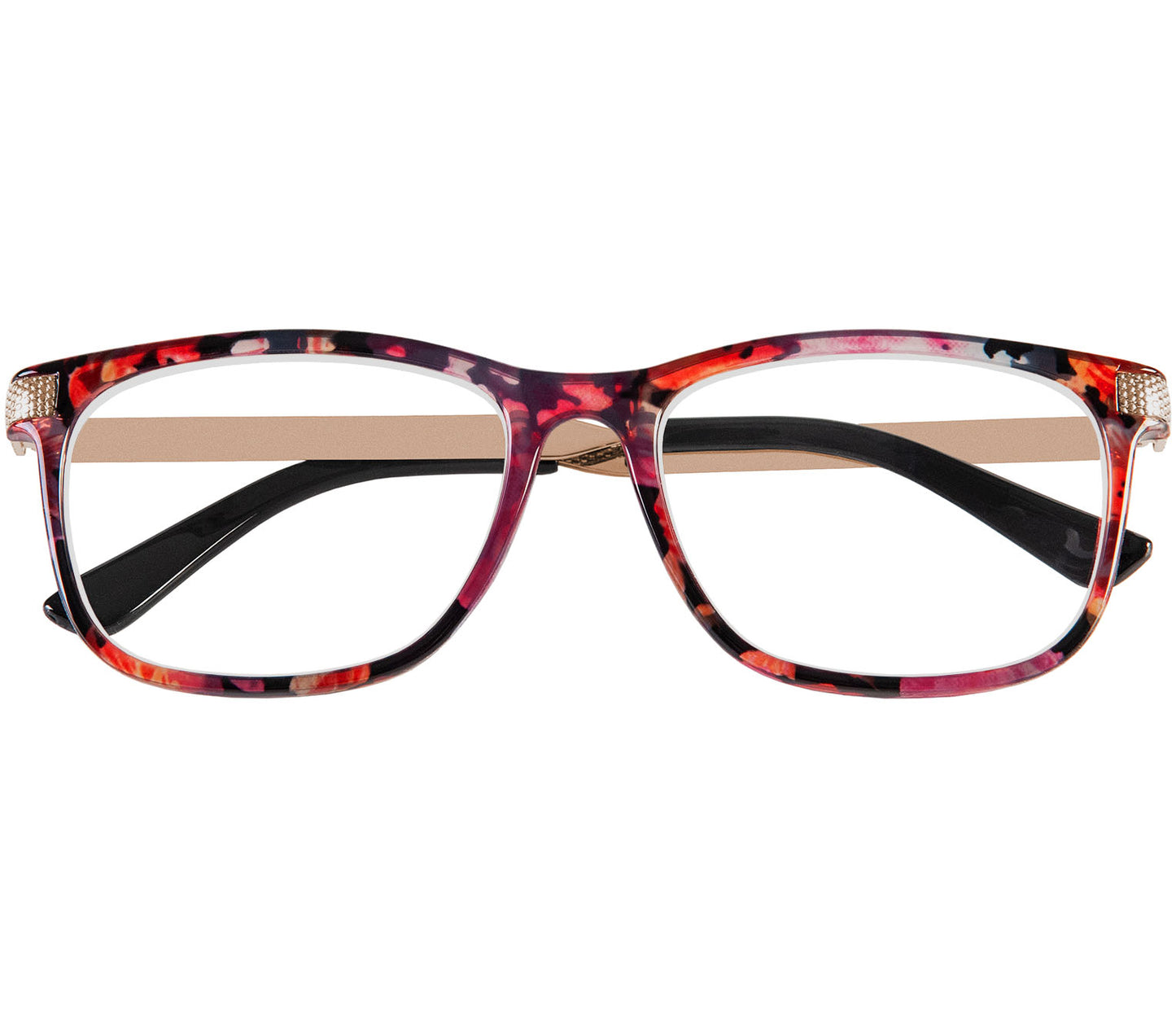 Lima (Multi-coloured) classic style, unisex reading glasses with oval lenses. Translucent, delicate floral patterned frames and gold arms. Front view.