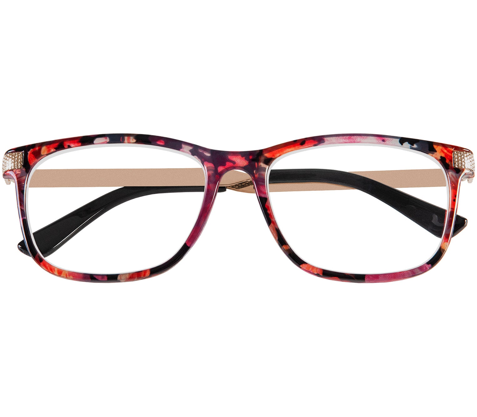 Lima (Multi-coloured) classic style, unisex reading glasses with oval lenses. Translucent, delicate floral patterned frames and gold arms. Front view.