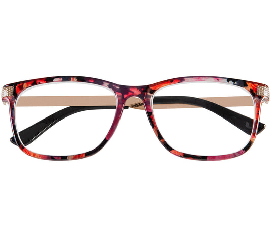 Lima (Multi-coloured) classic style, unisex reading glasses with oval lenses. Translucent, delicate floral patterned frames and gold arms. Front view.
