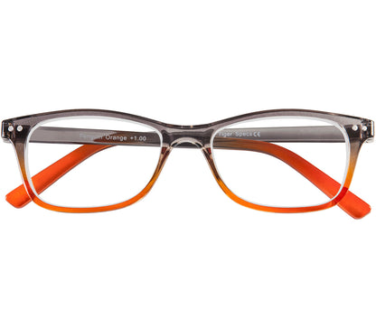 Penguin (Orange) classic vintage style, unisex reading glasses with a two tone orange and grey frame. Front view.