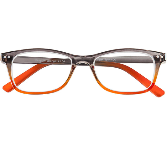 Penguin (Orange) classic vintage style, unisex reading glasses with a two tone orange and grey frame. Front view.