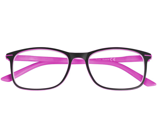 Jazz (Pink) classic shape reading glasses with rectangular lenses in a two tone pink and black frame. Front view.