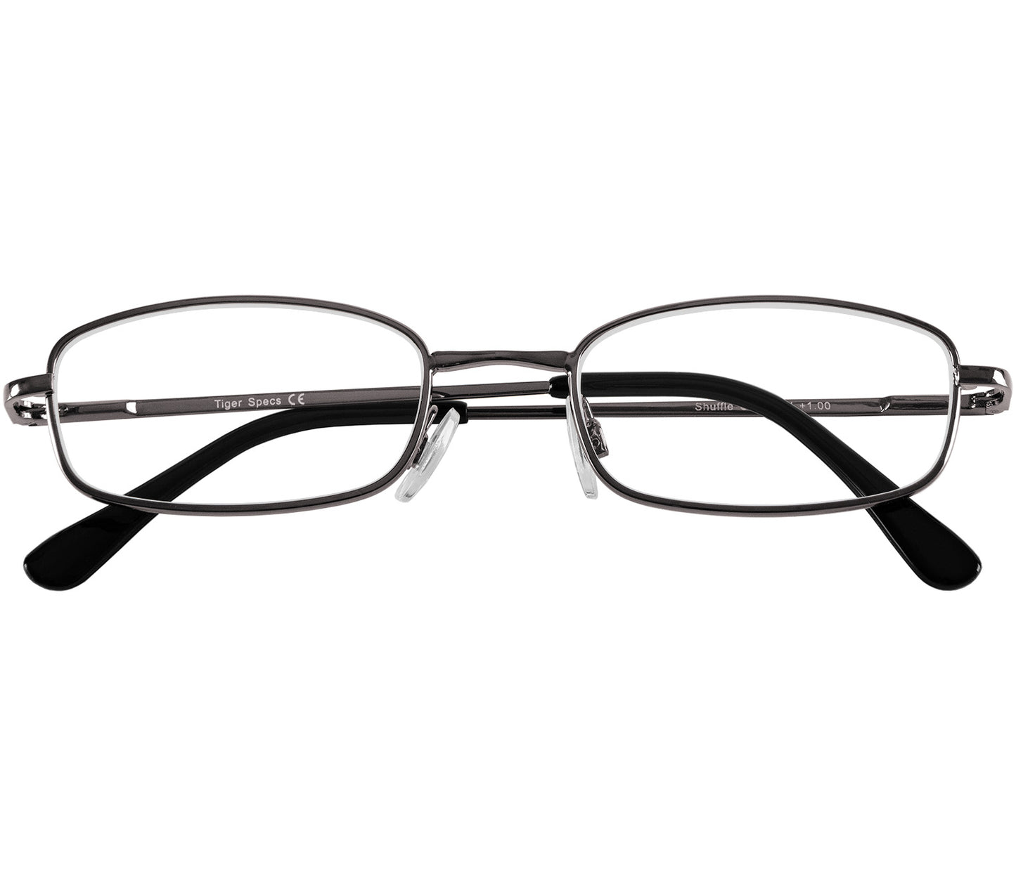 Shuffle (Gunmetal) classic rectangular shape reading glasses. Slender metal frames and adjustable nose pads. Front view.