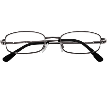Shuffle (Gunmetal) classic rectangular shape reading glasses. Slender metal frames and adjustable nose pads. Front view.