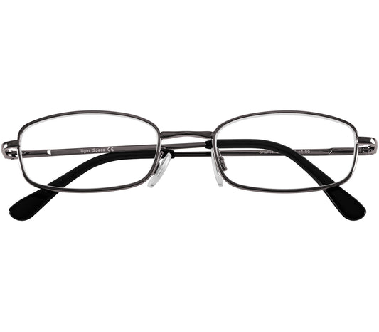 Shuffle (Gunmetal) classic rectangular shape reading glasses. Slender metal frames and adjustable nose pads. Front view.