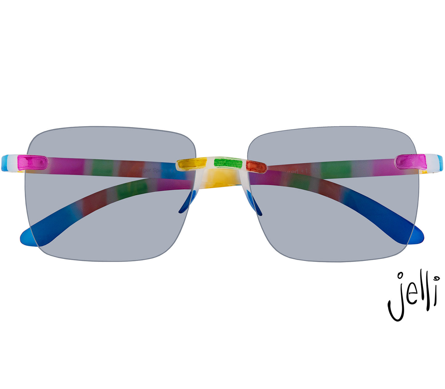 Female model wearing Jelli Sun (Multi-coloured) unisex sun reading glasses with large square lenses and fun multicoloured arms and details.