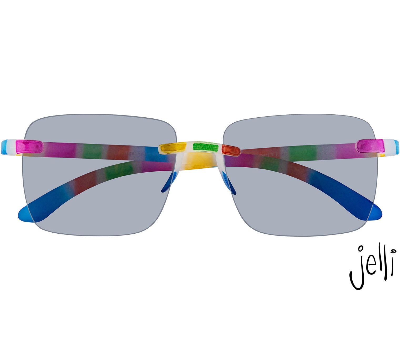 Female model wearing Jelli Sun (Multi-coloured) unisex sun reading glasses with large square lenses and fun multicoloured arms and details.