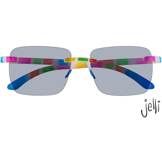 Female model wearing Jelli Sun (Multi-coloured) unisex sun reading glasses with large square lenses and fun multicoloured arms and details.