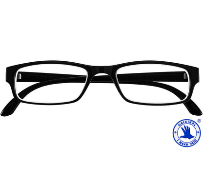 Action (Black) unisex reading glasses. Classic shaped glasses with a black glossy finish. Front view.