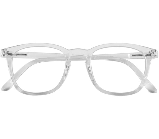 Scholar (Clear) retro unisex reading glasses with large oval shaped lenses, a slender clear frame and rivet details. Front view.
