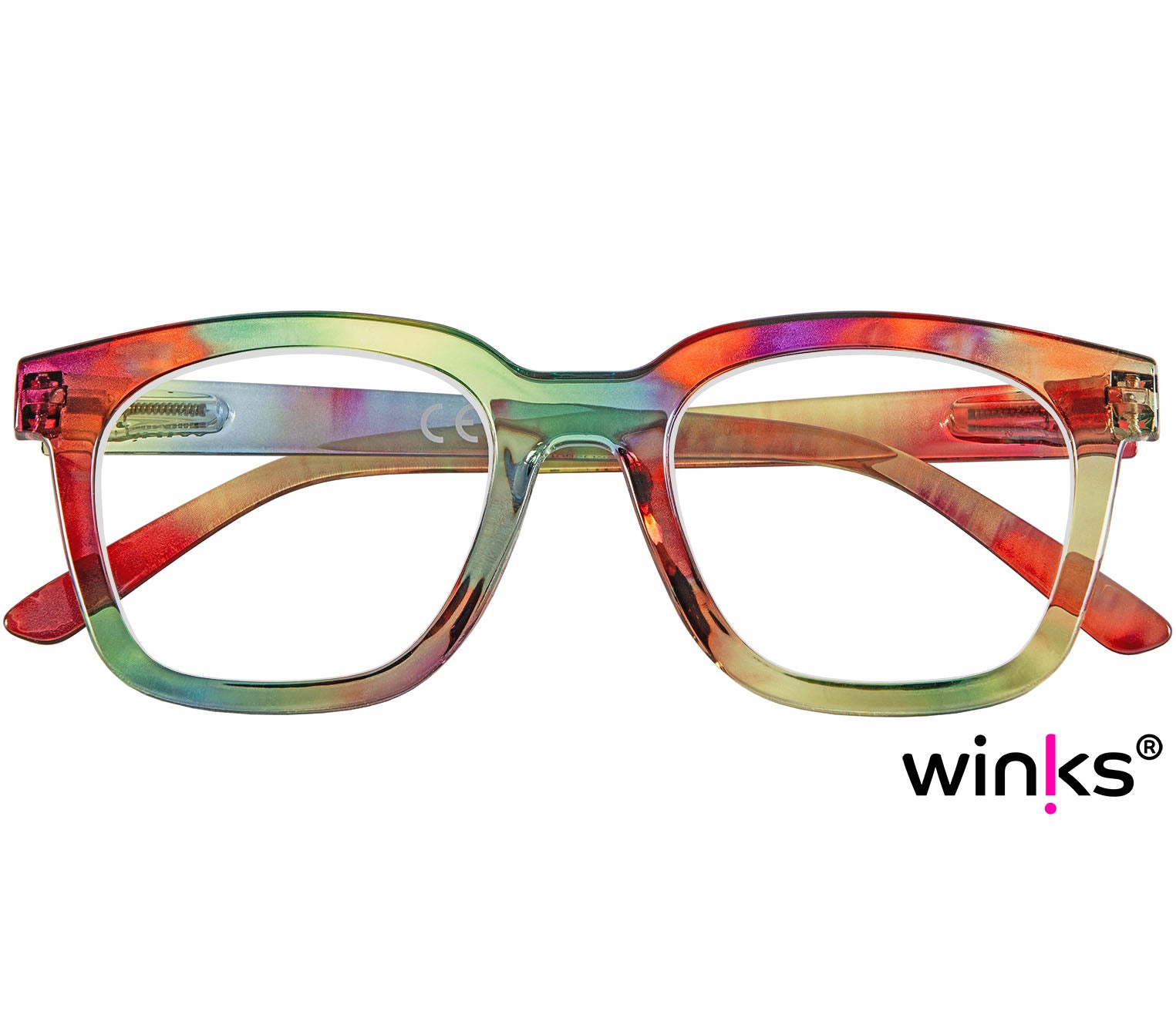 Toast (Multi-coloured) retro and fun reading glasses with large, oversized lenses and slender temples. Front view.
