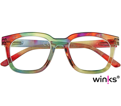 Toast (Multi-coloured) retro and fun reading glasses with large, oversized lenses and slender temples. Front view.