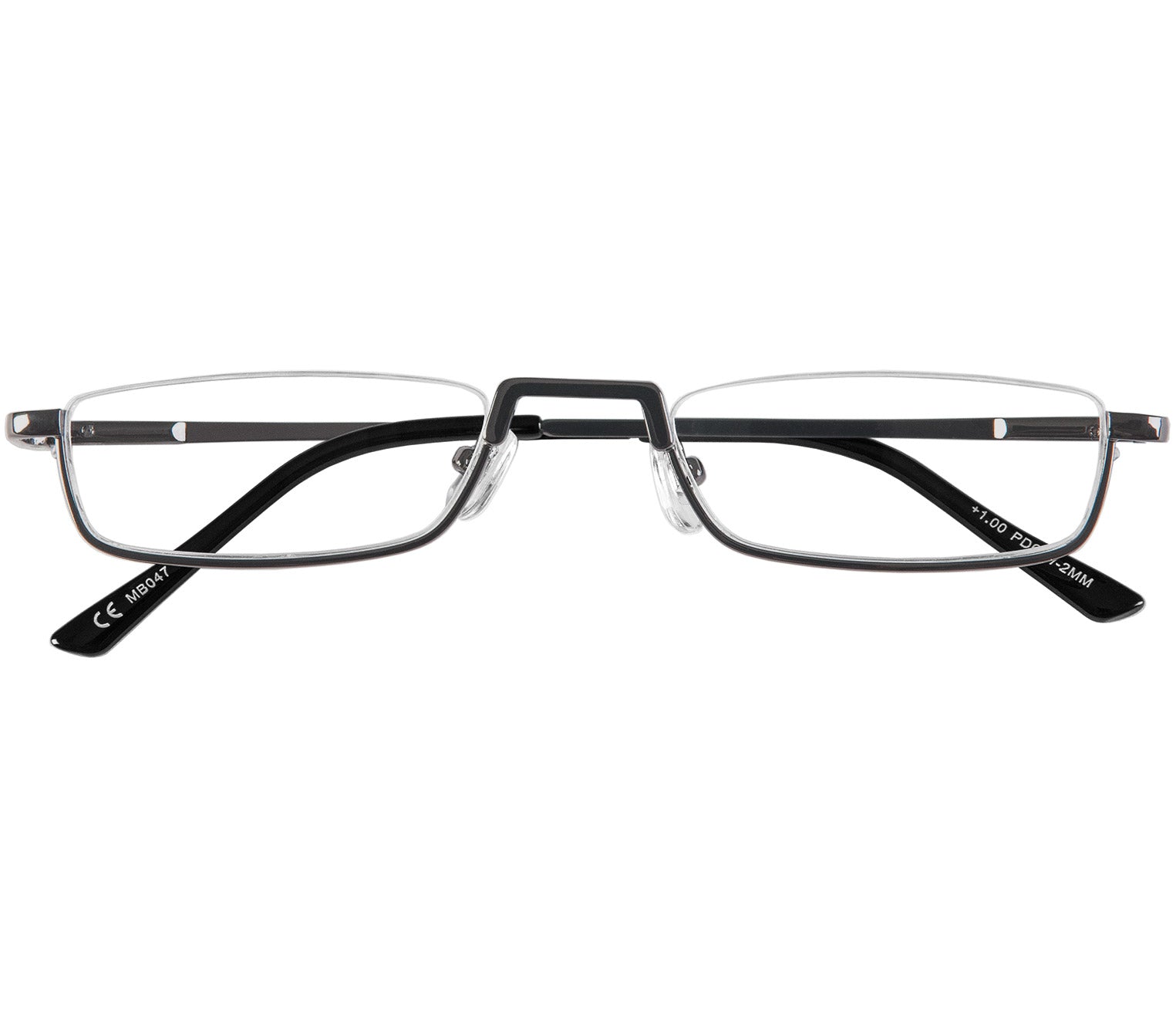 Mayfair (Gunmetal) semi rimless, slim unisex reading galsses with small rectangular lenses and a gunmetal finish. Front view.