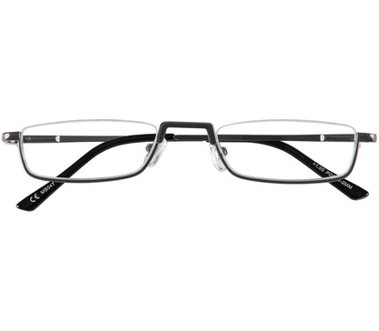 Mayfair (Gunmetal) semi rimless, slim unisex reading galsses with small rectangular lenses and a gunmetal finish. Front view.