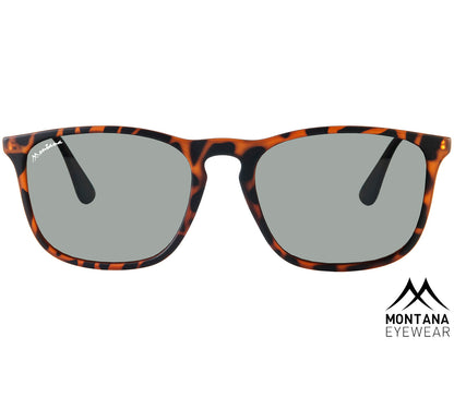 Motto (Tortoiseshell) retro tortoiseshell glasses with large, green tinted lenses. Frame features a soft touch finish. Front view.