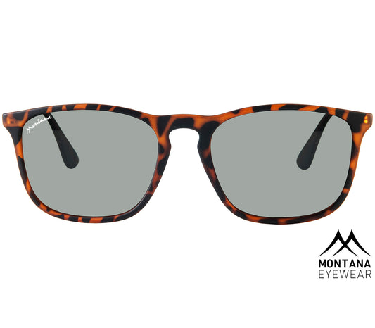 Motto (Tortoiseshell) retro tortoiseshell glasses with large, green tinted lenses. Frame features a soft touch finish. Front view.