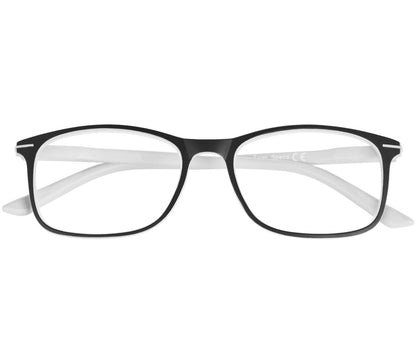 Jazz (White) classic shape reading glasses with rectangular lenses in a two tone black and white frame. Front view.