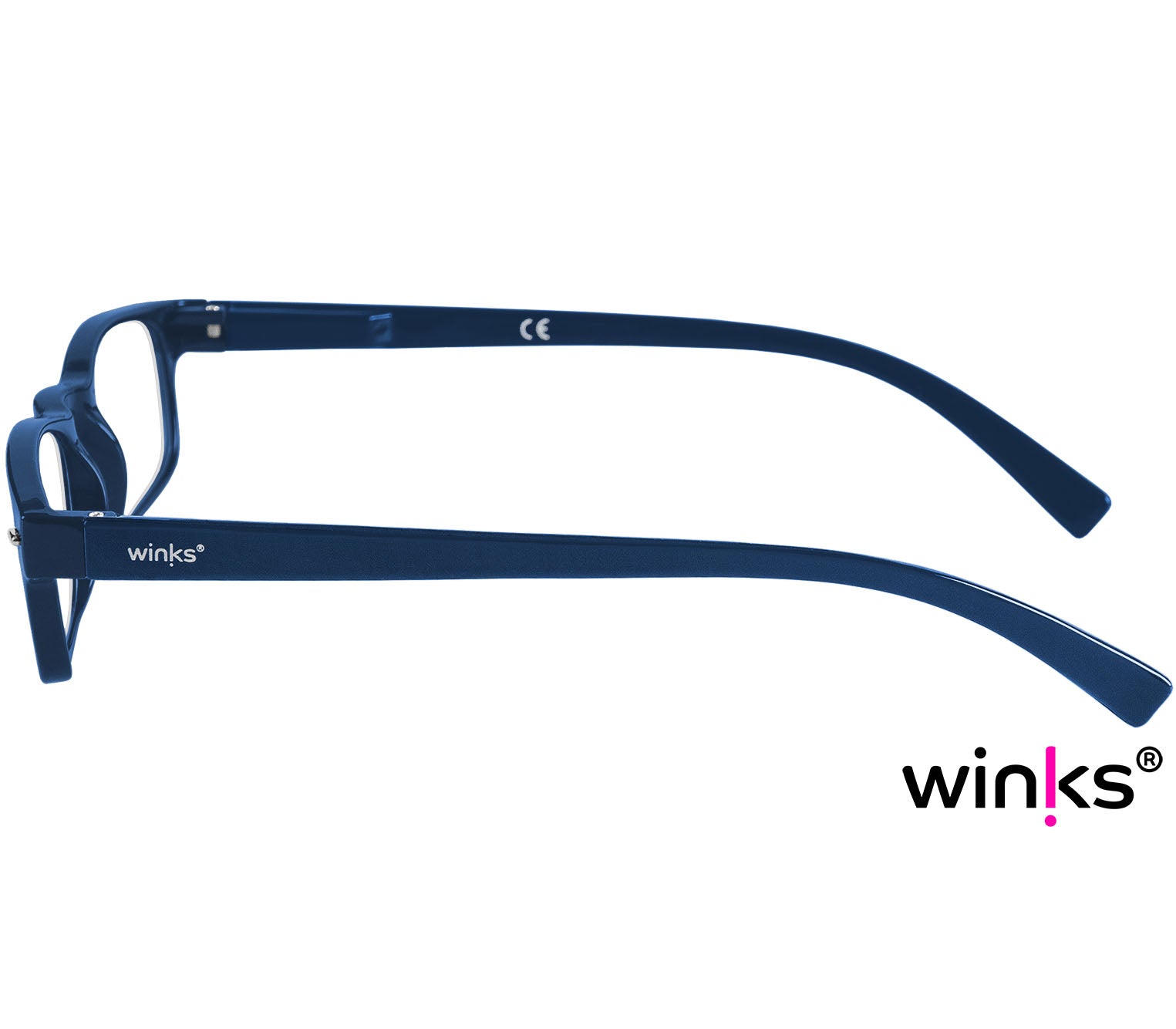 London (Blue) classic rectangular and slim unisex reading glasses in a deep blue glossy finish. Side view.