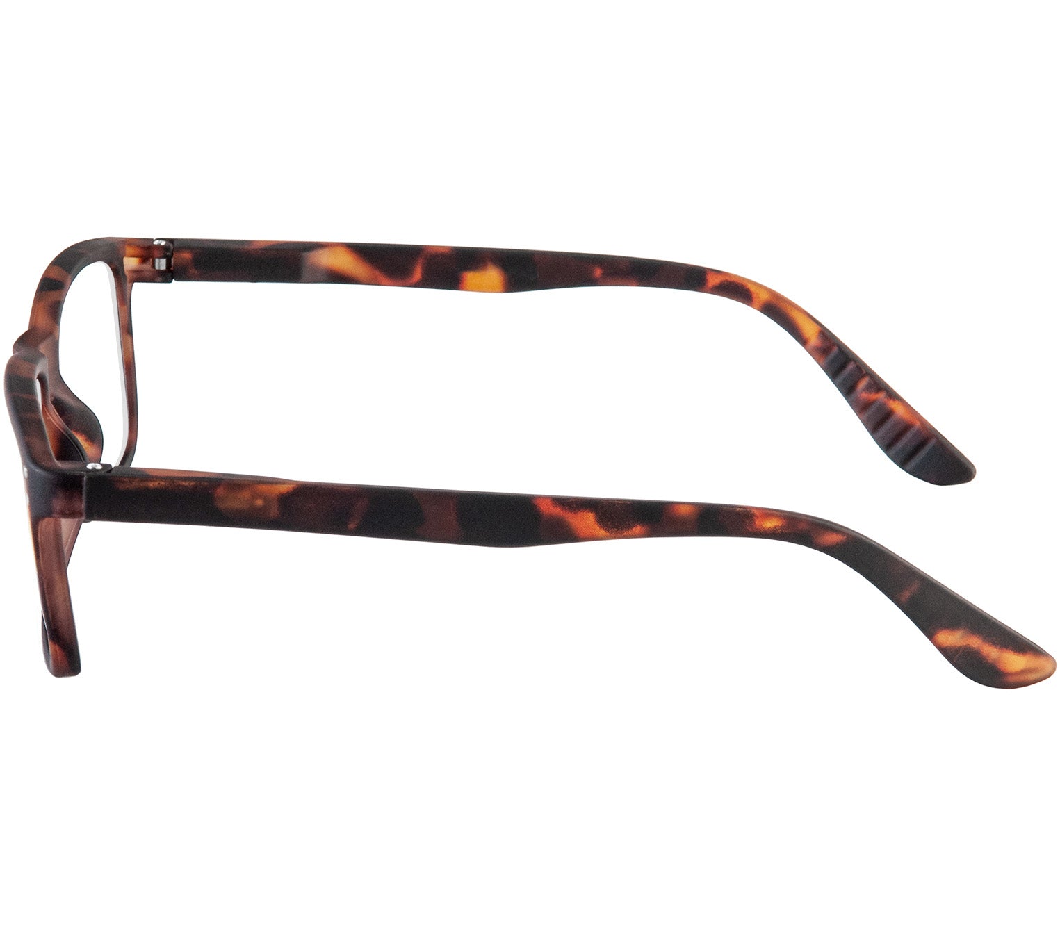 Dexter (Tortoiseshell) classic shape unisex reading glasses with a soft touch matt frame. Side view.
