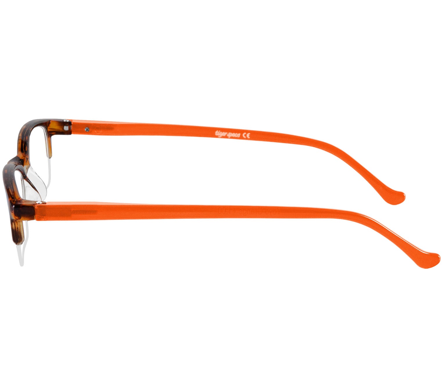 Yoyo (Orange) semi-rimless classic two tone reading glasses. With a tortoiseshell frame and orange temples. Side view.