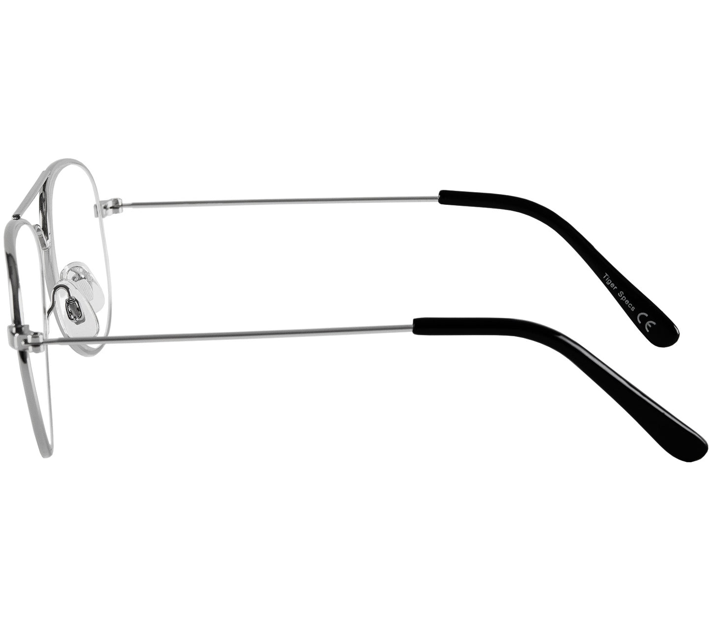 Mateo (Silver) classic aviator shaped reading glasses with a slim silver frame and oversized lenses. Side view.